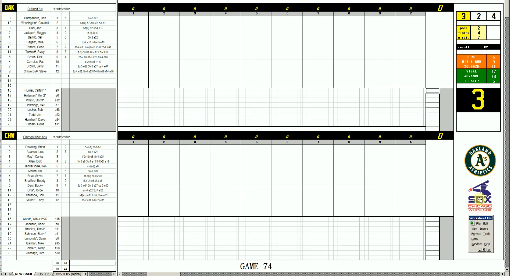 Strat-O-Matic Excel simulation, Game 74: Oakland A's vs Chicago White Sox